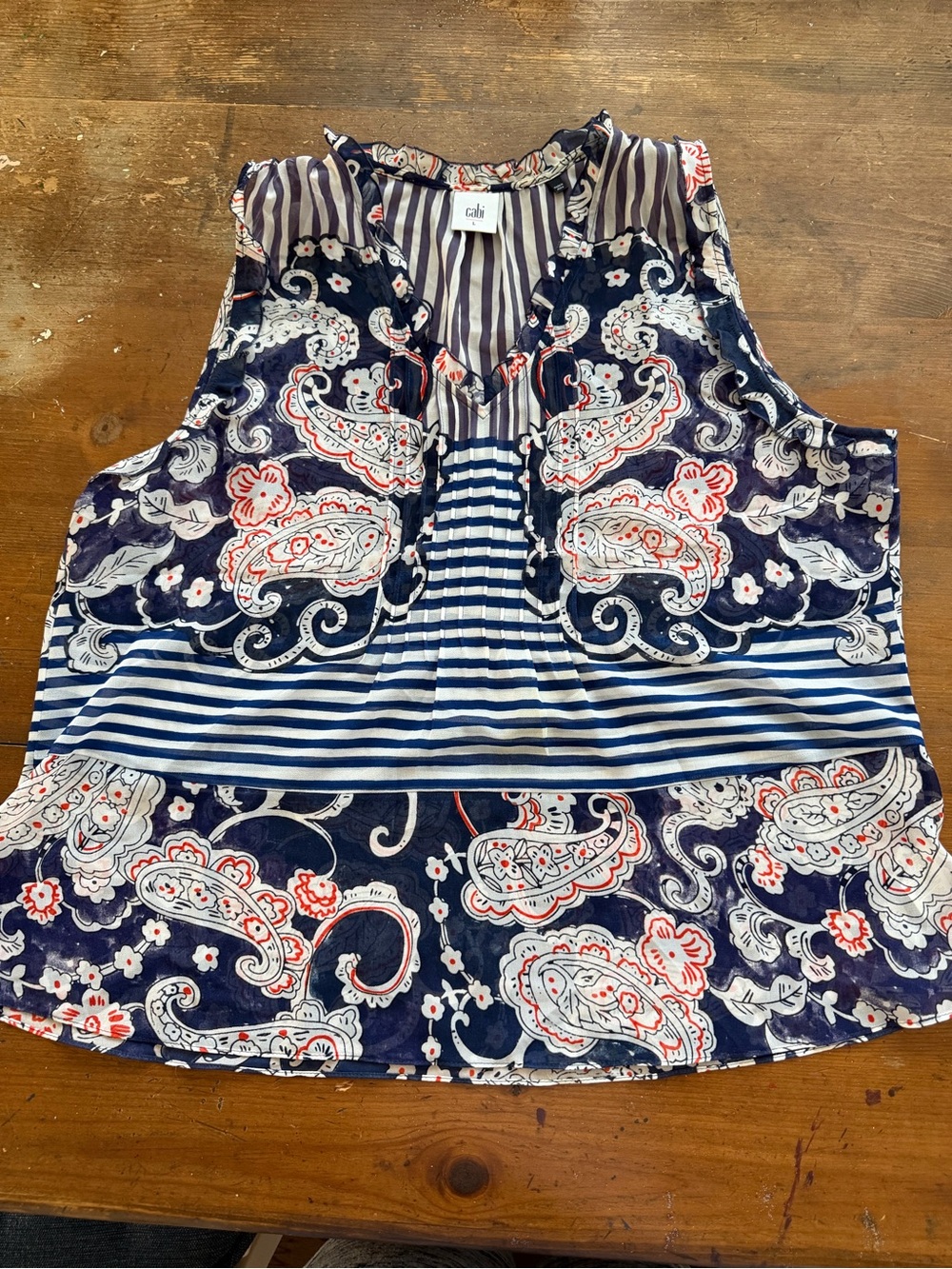 CAbi Navy Paisley & Stripe Sleeveless Tie-Back Tank
